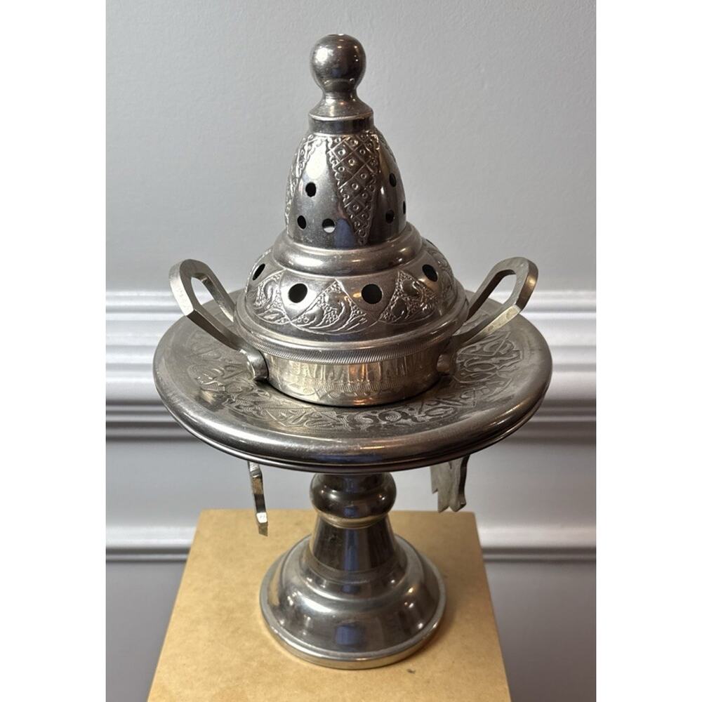 Vintage Moroccan Style Metal Incense Burner Stand 11” Pierced Lid - Picture 3 of 11